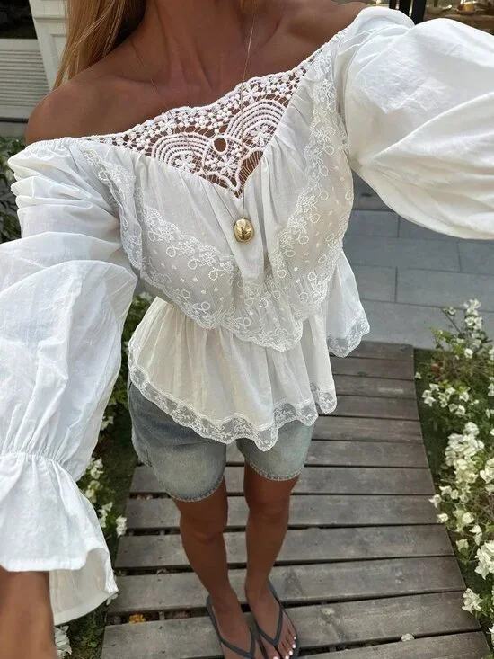 White Casual Women's Cotton Lace Patchwork Beach Vacation Shirt - Picture 6 of 7